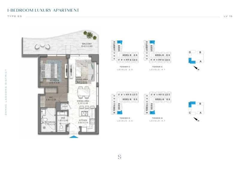 DAMAC Sorrento One Bedroom Type E5 apartment floor plan in Tower D for floors 2, 4, 5 and 7.