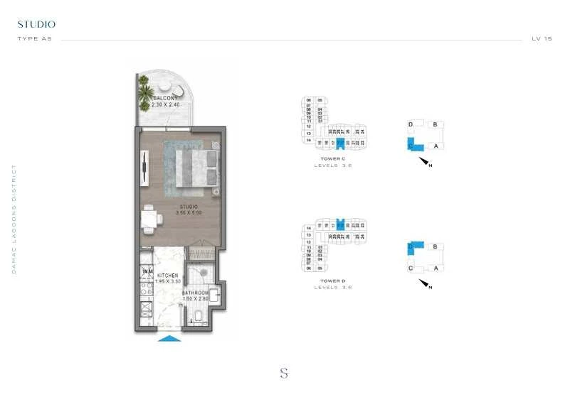 DAMAC Sorrento Studio Type A5 apartment floor plan in Tower D for floors 3 and 6.