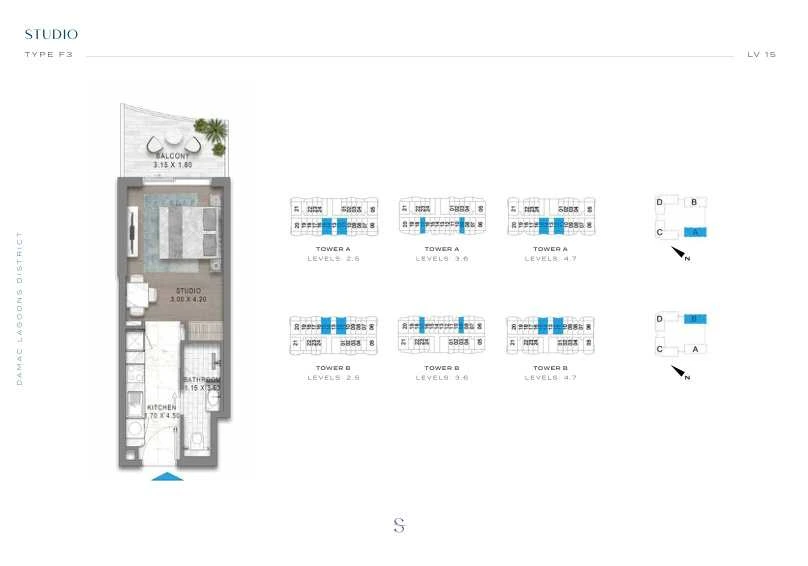 DAMAC Sorrento Studio Type F3 apartment floor plan in Tower A for floors 2, 3, 4, 5, 6 and 7.