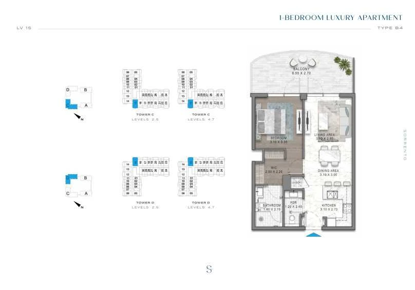DAMAC Sorrento One Bedroom Type B4 apartment floor plan in Tower C for floors 2, 4, 5 and 7.