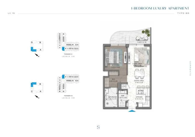 DAMAC Sorrento One Bedroom Type B6 apartment floor plan in Tower C for floors 3 and 6.
