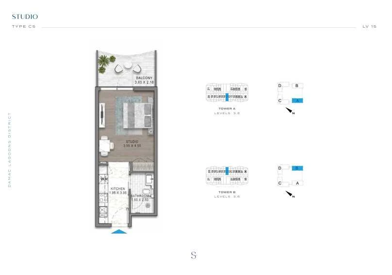 DAMAC Sorrento Studio Type C5 apartment floor plan in Tower A for floors 3 and 6.