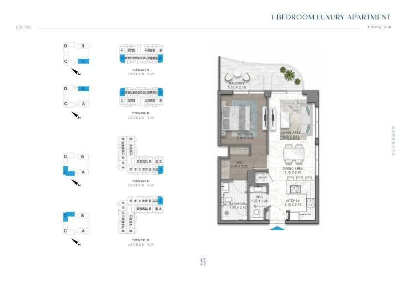 DAMAC Sorrento One Bedroom Type F4 apartment floor plan in Tower A for floors 3 and 6.