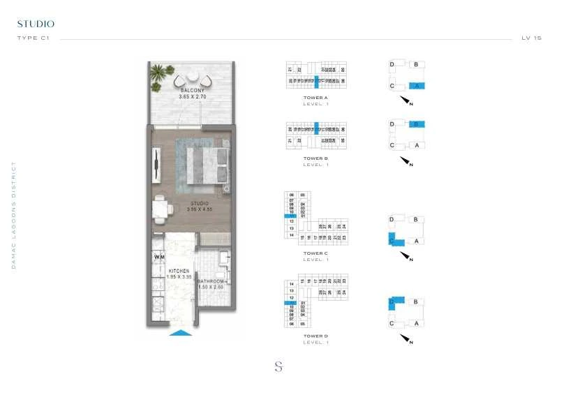 DAMAC Sorrento Studio Type C1 apartment floor plan in Tower A for floor 1.