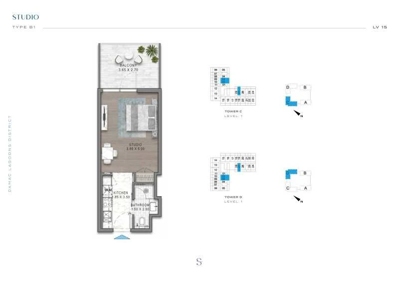 DAMAC Sorrento Studio Type B1 apartment floor plan in Tower D for floor 1.