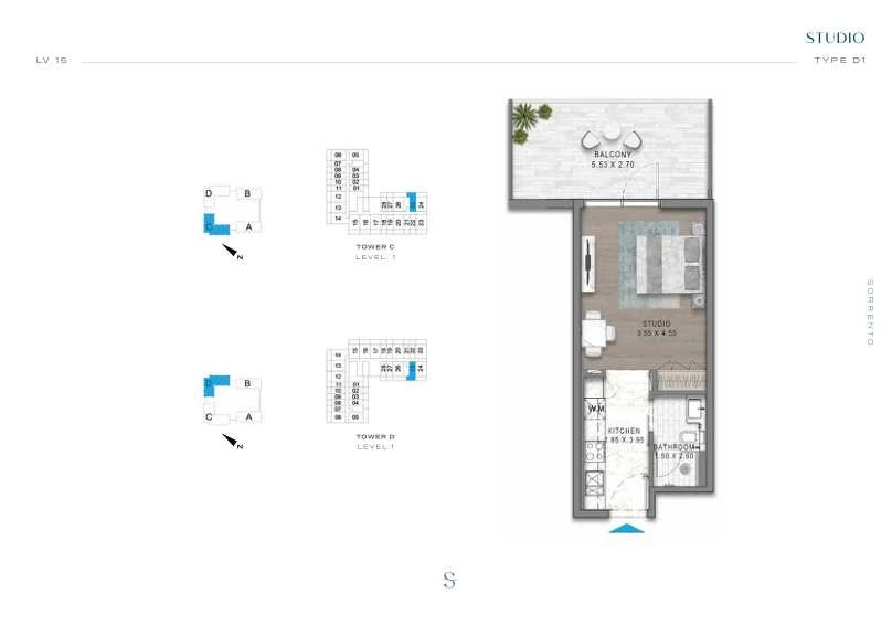 DAMAC Sorrento Studio Type D1 apartment floor plan in Tower D for floor 1.