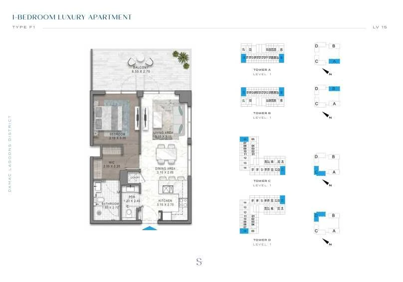 DAMAC Sorrento One Bedroom Type F1 apartment floor plan in Tower D for floor 1.