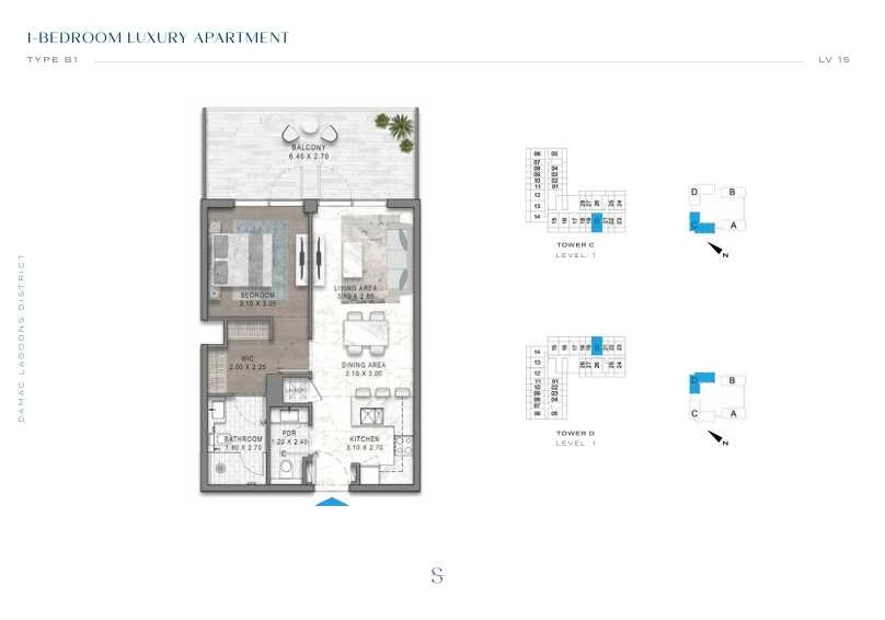 DAMAC Sorrento One Bedroom Type B1 apartment floor plan in Tower D for floor 1.
