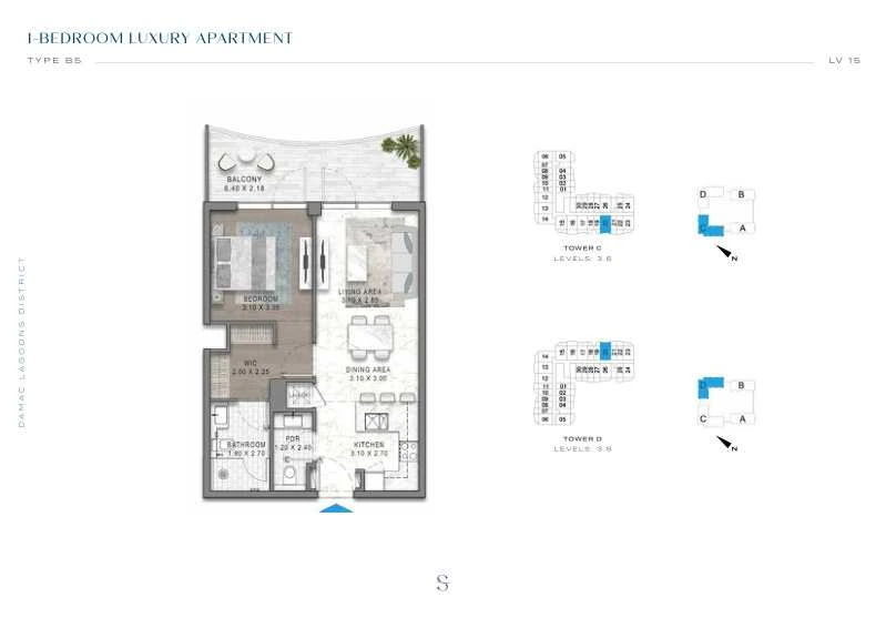 DAMAC Sorrento One Bedroom Type B5 apartment floor plan in Tower C for floors 3 and 6.