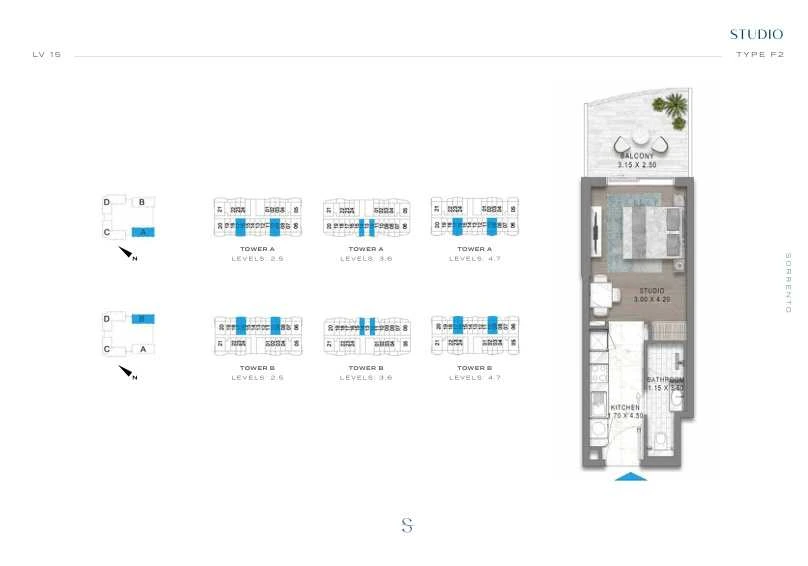 DAMAC Sorrento Studio Type F2 apartment floor plan in Tower A for floors 2, 3, 4, 5, 6 and 7.