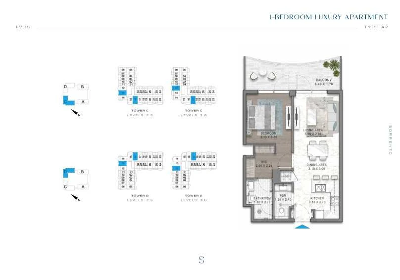 DAMAC Sorrento One Bedroom Type A2 apartment floor plan in Tower C for floors 2, 3, 5 and 6.