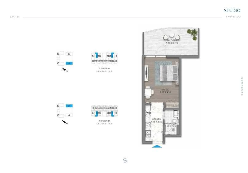 DAMAC Sorrento Studio Type D7 apartment floor plan in Tower A for floors 3 and 6.