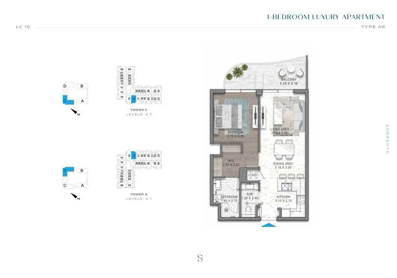 DAMAC Sorrento One Bedroom Type A6 apartment floor plan in Tower D for floors 4 and 7.