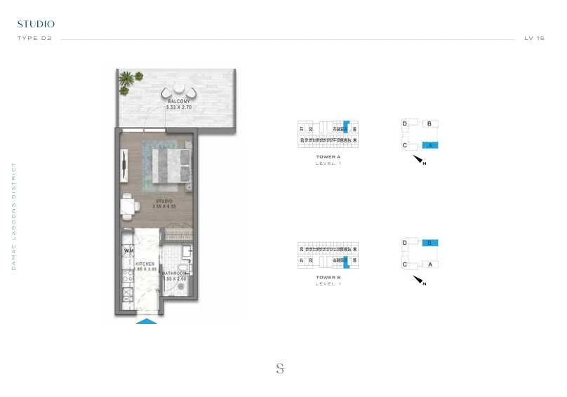 DAMAC Sorrento Studio Type D2 apartment floor plan in Tower A for floor 1.