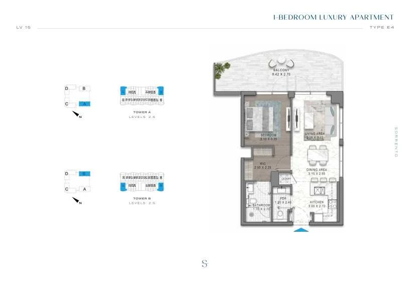 DAMAC Sorrento One Bedroom Type E4 apartment floor plan in Tower A for floors 2 and 5.