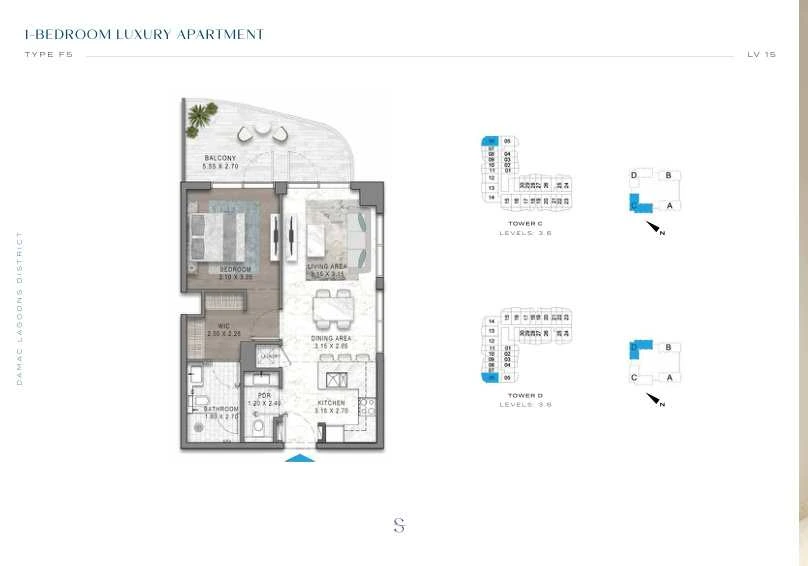 DAMAC Sorrento One Bedroom Type F5 apartment floor plan in Tower C for floors 3 and 6.