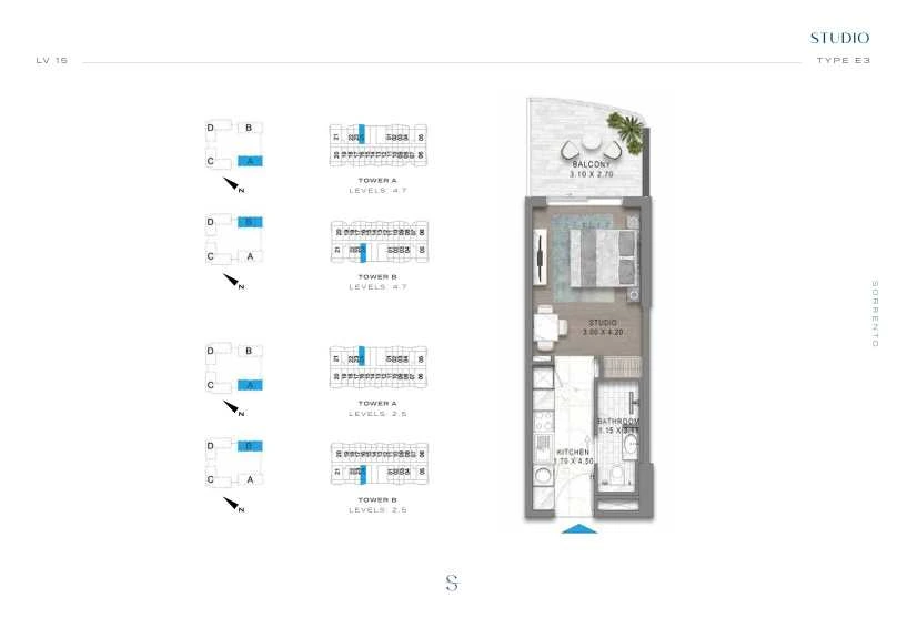 DAMAC Sorrento Studio Type E3 apartment floor plan in Tower B for floors 2, 4, 5 and 7.