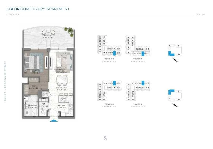 DAMAC Sorrento One Bedroom Type B3 apartment floor plan in Tower D for floors 2, 4, 5 and 7.