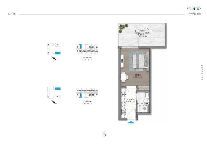 DAMAC Sorrento Studio Type D3 apartment floor plan in Tower A for floor 1.
