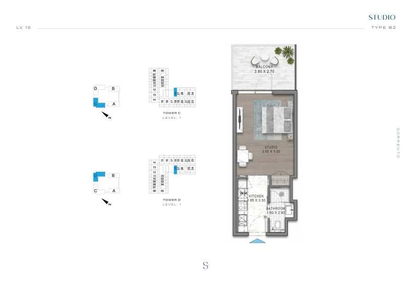 DAMAC Sorrento Studio Type B2 apartment floor plan in Tower C for floor 1.
