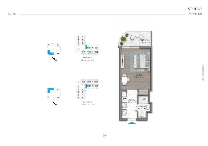 DAMAC Sorrento Studio Type B8 apartment floor plan in Tower C for floors 3 and 6.