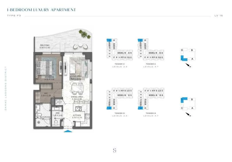 DAMAC Sorrento One Bedroom Type F3 apartment floor plan in Tower D for floors 2, 4, 5 and 7.