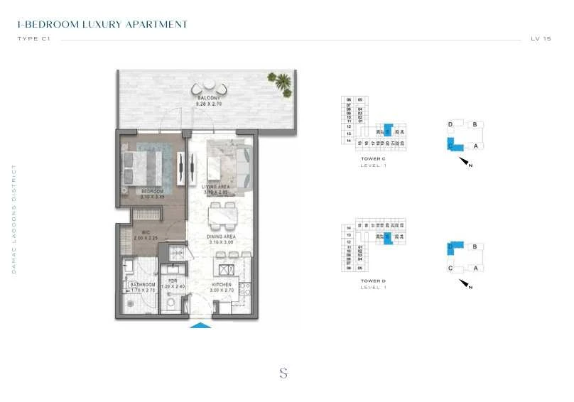 DAMAC Sorrento One Bedroom Type C1 apartment floor plan in Tower D for floor 1.