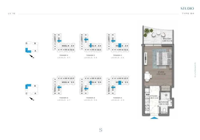 DAMAC Sorrento Studio Type B4 apartment floor plan in Tower D for floors 2, 3, 4, 5, 6 and 7.