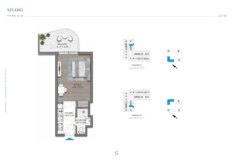 DAMAC Sorrento Studio Type A13 apartment floor plan in Tower D for floors 4 and 7.