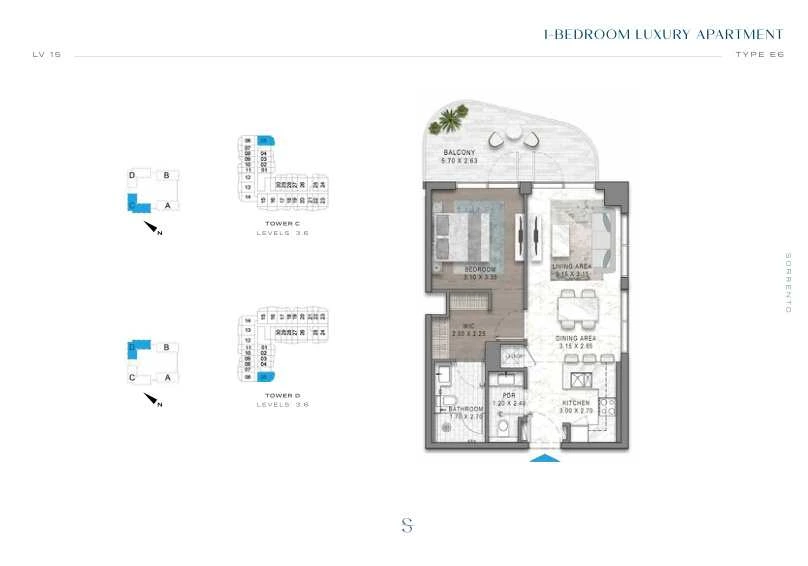 DAMAC Sorrento One Bedroom Type E6 apartment floor plan in Tower D for floors 3 and 6.