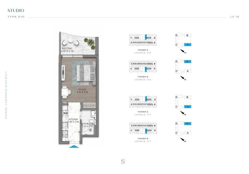 DAMAC Sorrento Studio Type D10 apartment floor plan in Tower B for floors 2, 4, 5 and 7.