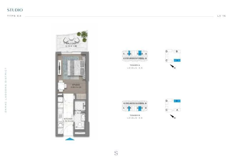 DAMAC Sorrento Studio Type E4 apartment floor plan in Tower B for floors 3 and 6.