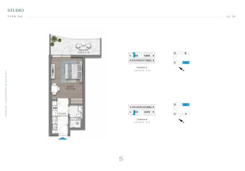 DAMAC Sorrento Studio Type D6 apartment floor plan in Tower B for floors 2 and 5.