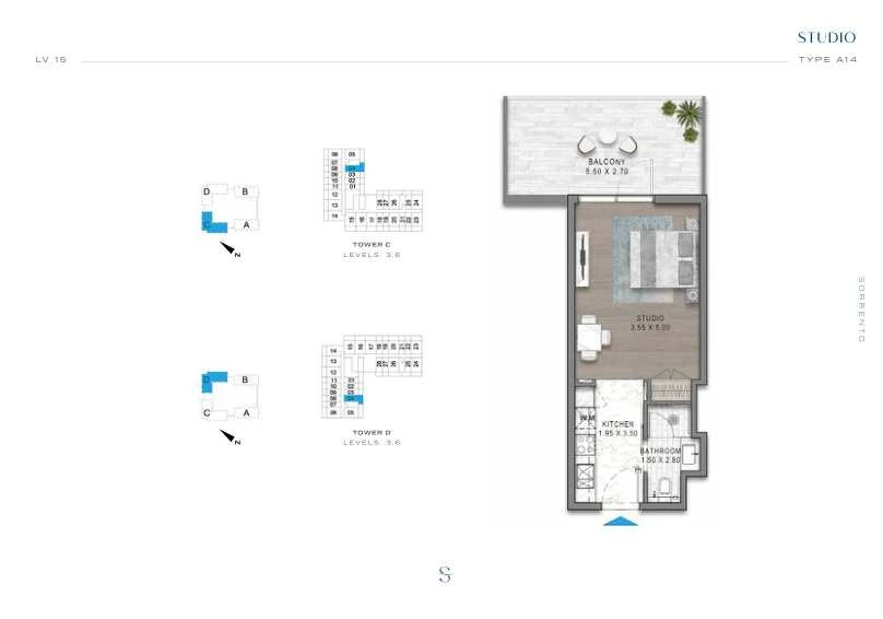 DAMAC Sorrento Studio Type A14 apartment floor plan in Tower C for floors 3 and 6.