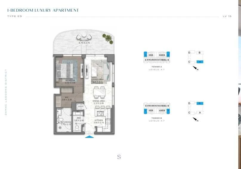 DAMAC Sorrento One Bedroom Type E9 apartment floor plan in Tower A for floors 4 and 7.
