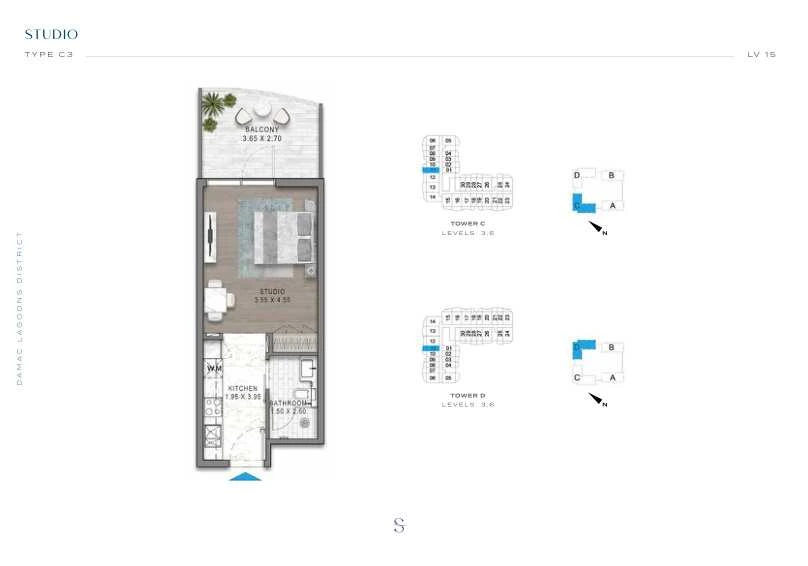 DAMAC Sorrento Studio Type C3 apartment floor plan in Tower D for floors 3 and 6.