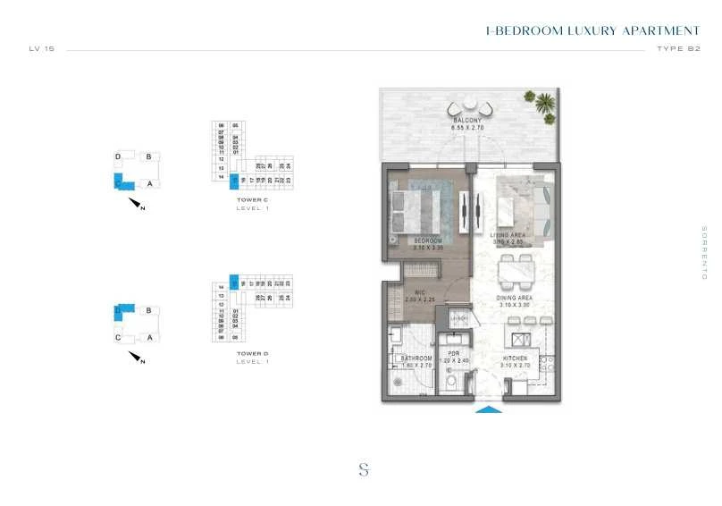 DAMAC Sorrento One Bedroom Type B2 apartment floor plan in Tower C for floor 1.