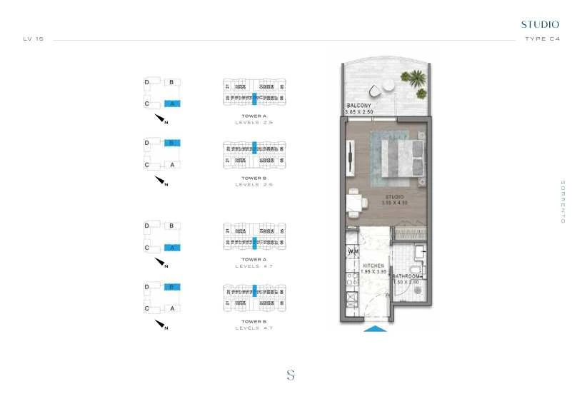 DAMAC Sorrento Studio Type C4 apartment floor plan in Tower A for floors 2, 4, 5 and 7.