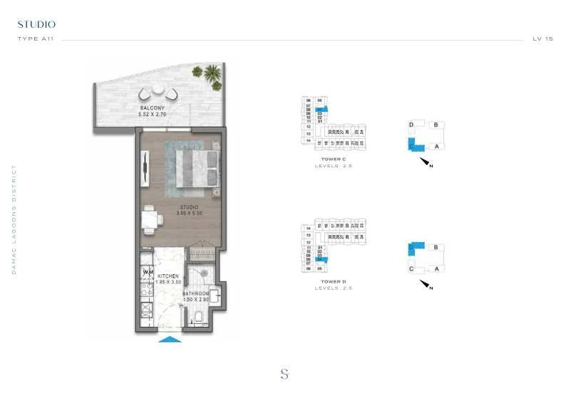 DAMAC Sorrento Studio Type A11 apartment floor plan in Tower D for floors 2 and 5.
