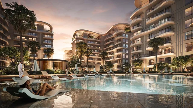 DAMAC Sorrento towers overlooking the lagoon-style pool and landscaped waterfront.