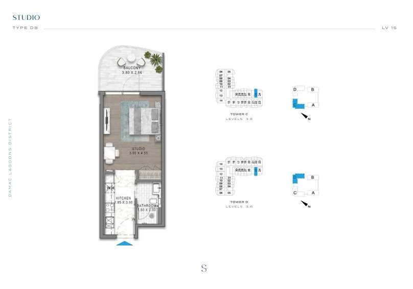 DAMAC Sorrento Studio Type D8 apartment floor plan in Tower C for floors 3 and 6.