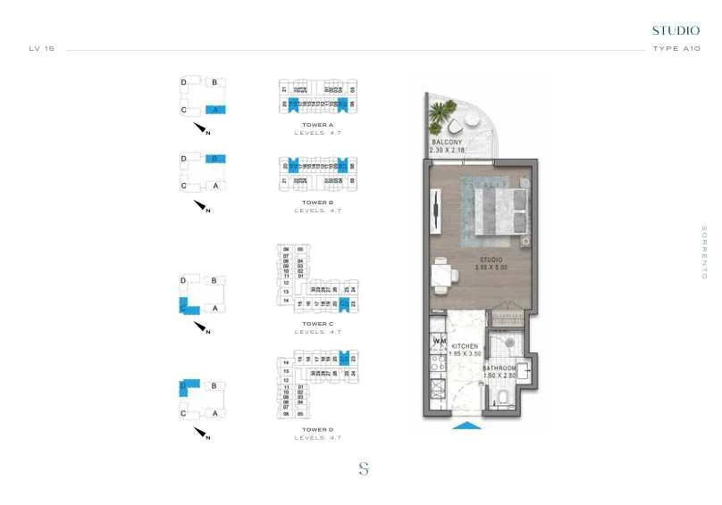 DAMAC Sorrento Studio Type A10 apartment floor plan in Tower B for floors 4 and 7.