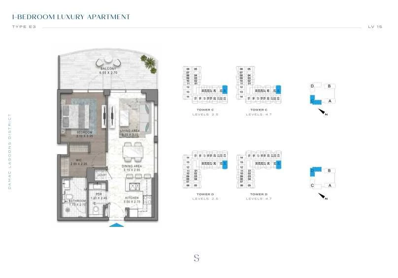 DAMAC Sorrento One Bedroom Type E3 apartment floor plan in Tower C for floors 2, 4, 5 and 7.