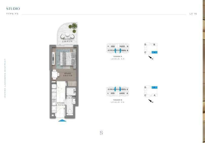 DAMAC Sorrento Studio Type F5 apartment floor plan in Tower A for floors 3 and 6.