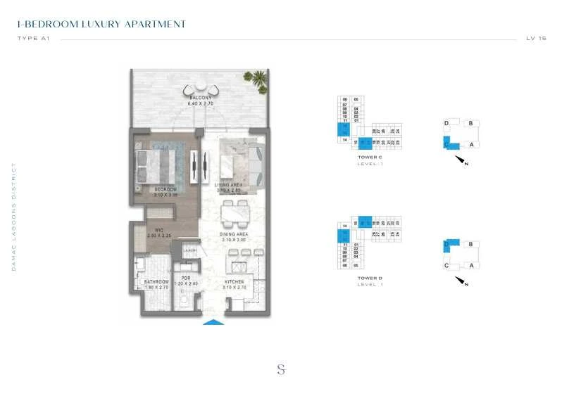 DAMAC Sorrento One Bedroom Type A1 apartment floor plan in Tower C for floor 1.
