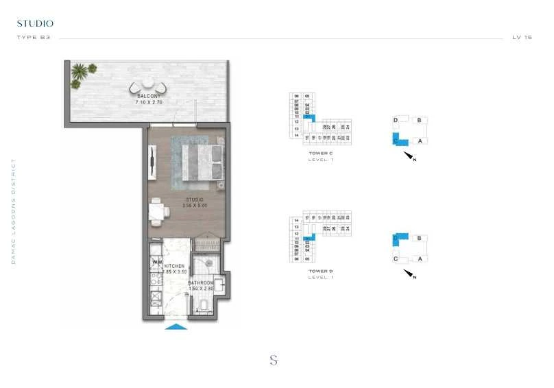 DAMAC Sorrento Studio Type B3 apartment floor plan in Tower D for floor 1.