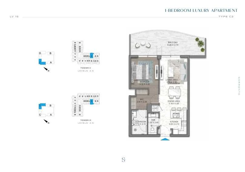 DAMAC Sorrento One Bedroom Type C2 apartment floor plan in Tower C for floors 2 and 5.