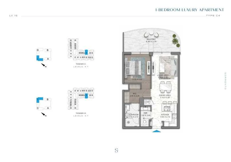 DAMAC Sorrento One Bedroom Type C4 apartment floor plan in Tower D for floors 4 and 7.