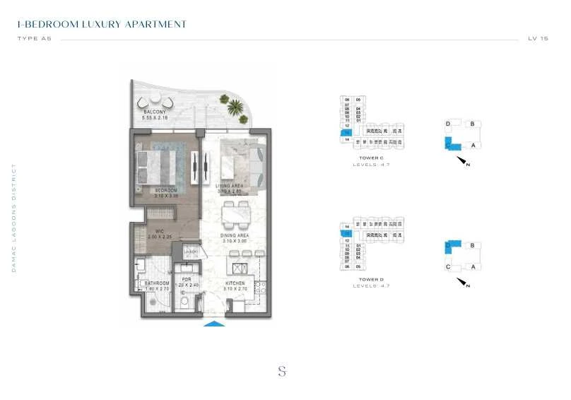 DAMAC Sorrento One Bedroom Type A5 apartment floor plan in Tower C for floors 4 and 7.