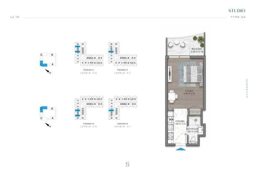 DAMAC Sorrento Studio Type A2 apartment floor plan in Tower D for floors 2, 4, 5 and 7.